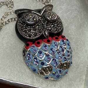 Vintage Sterling Silver Marcasite Enamel Rhinestone Owl Pendant Necklace